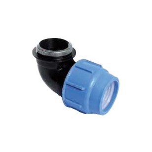 Polypropylene female elbow 90° for PE pipe with reinforced stainless steel cap